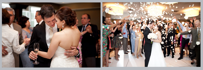 wedding exit, bride and groom dancing