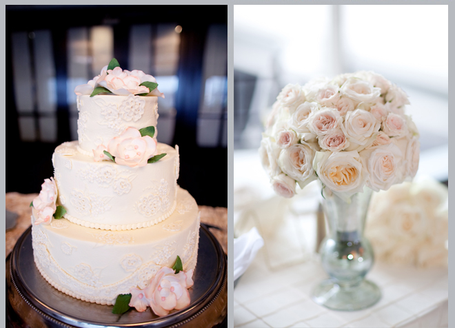 elegant wedding cake, pink center piece