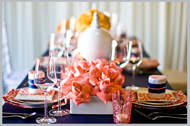 Navy, Coral and Yellow Table Decor