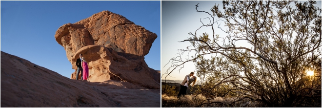 Couple standing in front of rock and behind a tree