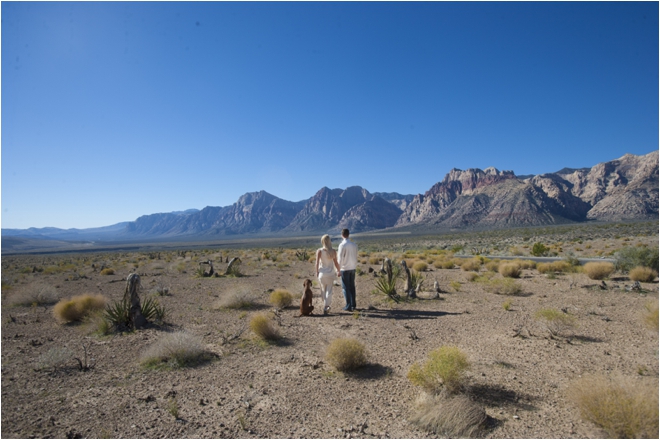 Couple with dog staring at mountains