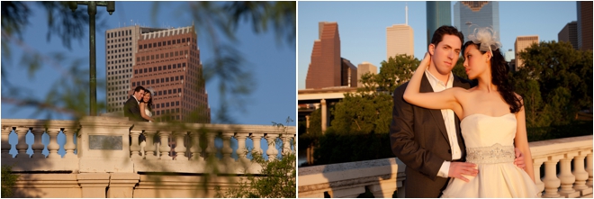 Bride and Groom on city bridge