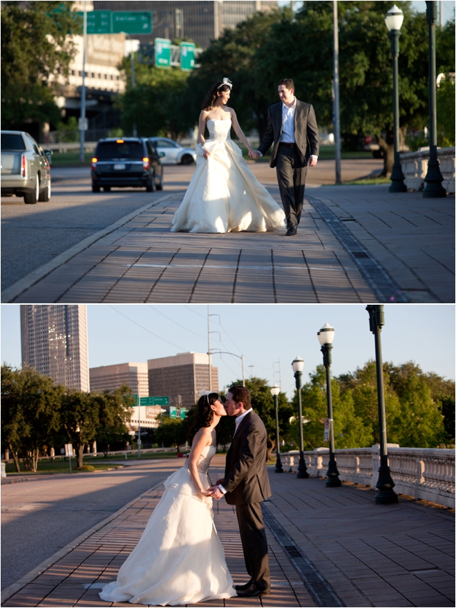 Bride and Groom walking across city bridge