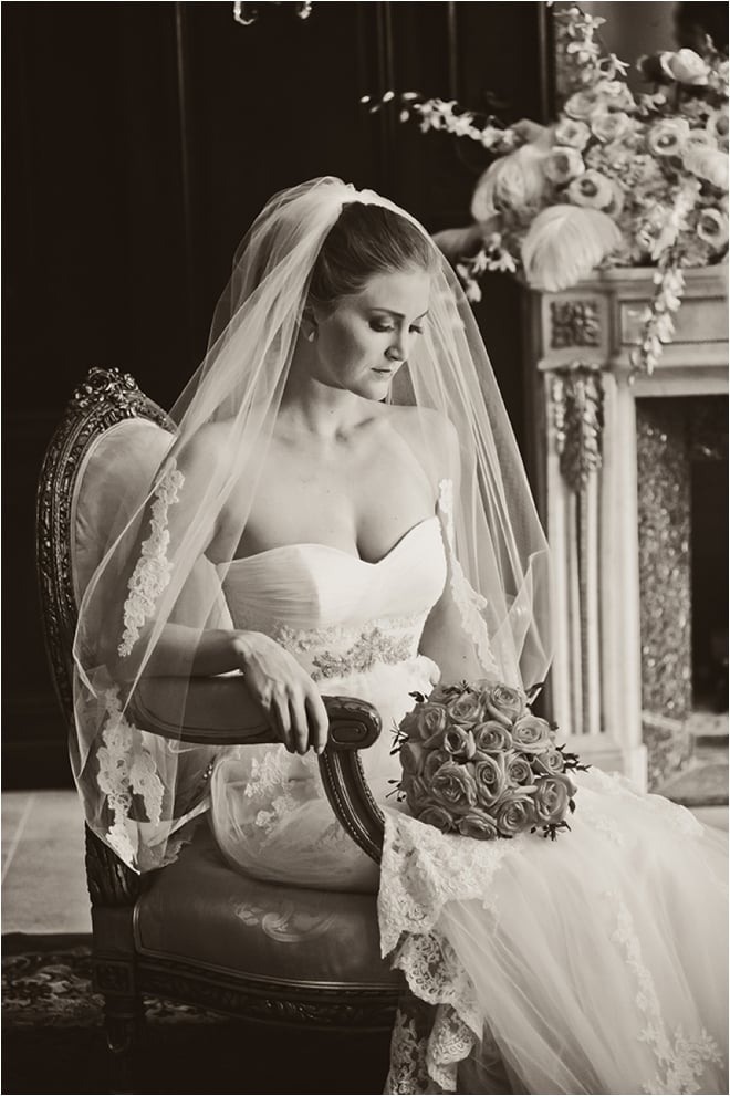 black and white sitting bridal portrait