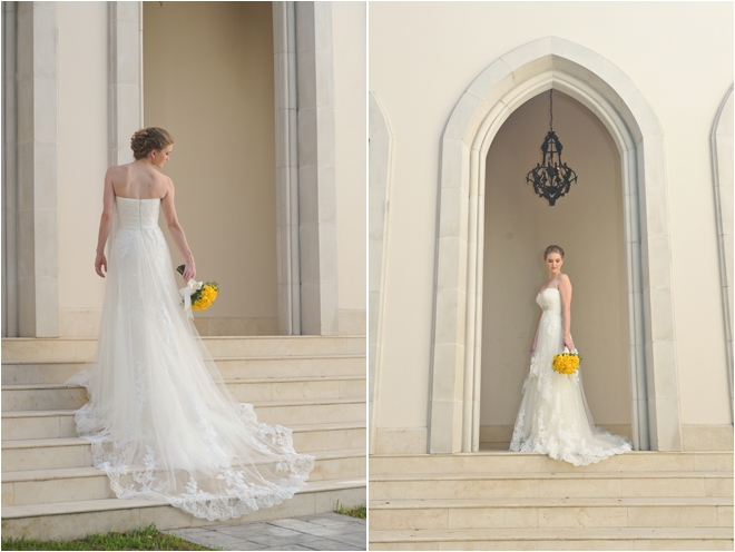 bridal portraits outside on stairs with bouquet