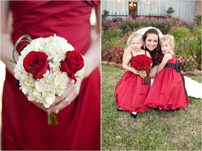 Bridesmaid bouquet and bride with flower girls