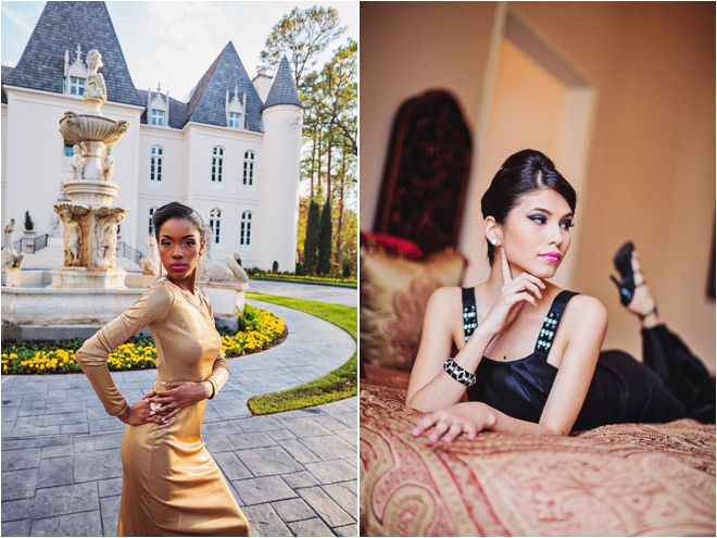 Chateau-Cocomar-black-dress-bed-gold-dress-outside