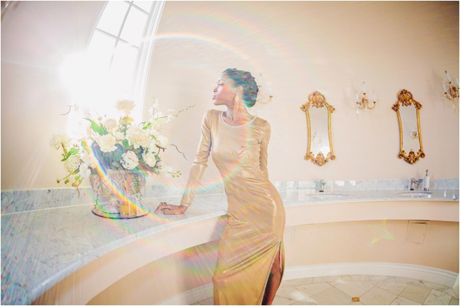 Chateau-Cocomar-gold-dress-bathroom-window