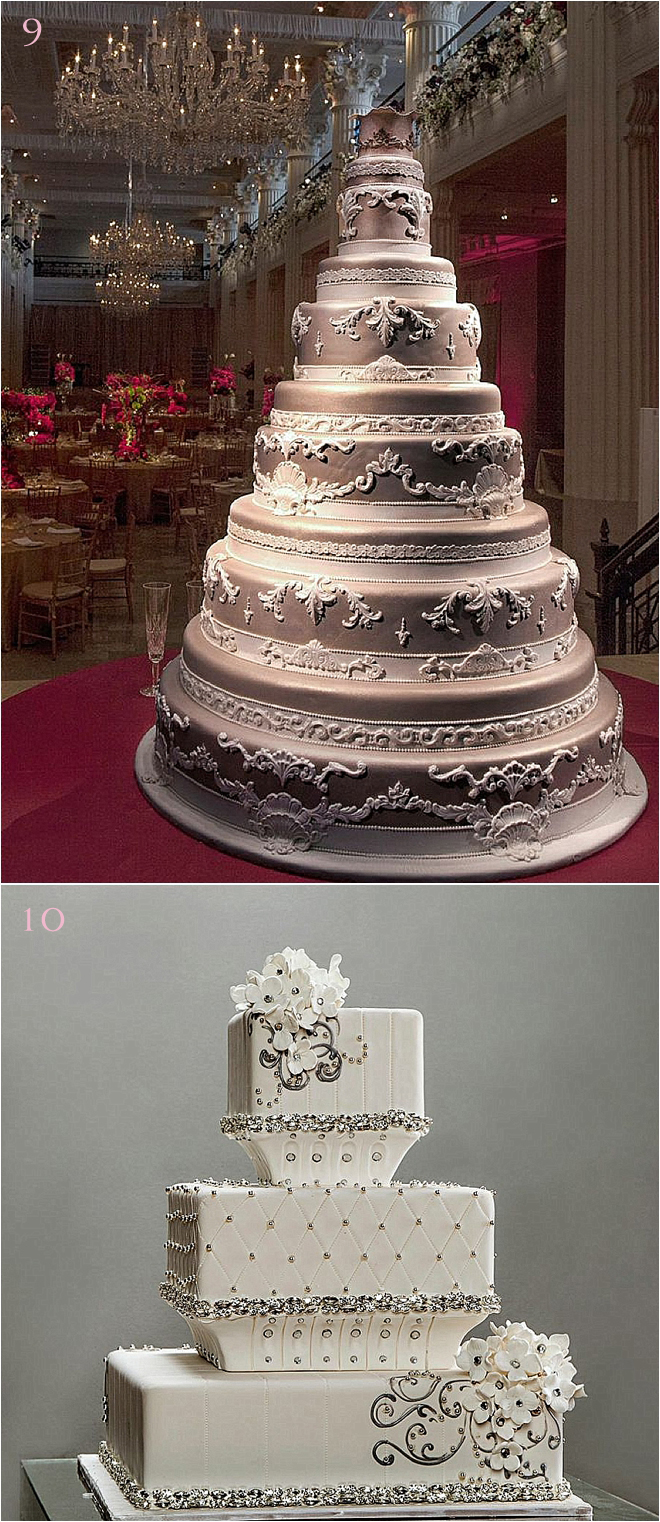 Multi-Tiered-Grand-Wedding-Cake-with-Lace-Accents-and-Short-Tiered-Wedding-Cake-With-Swavroski-Crystal-Accents