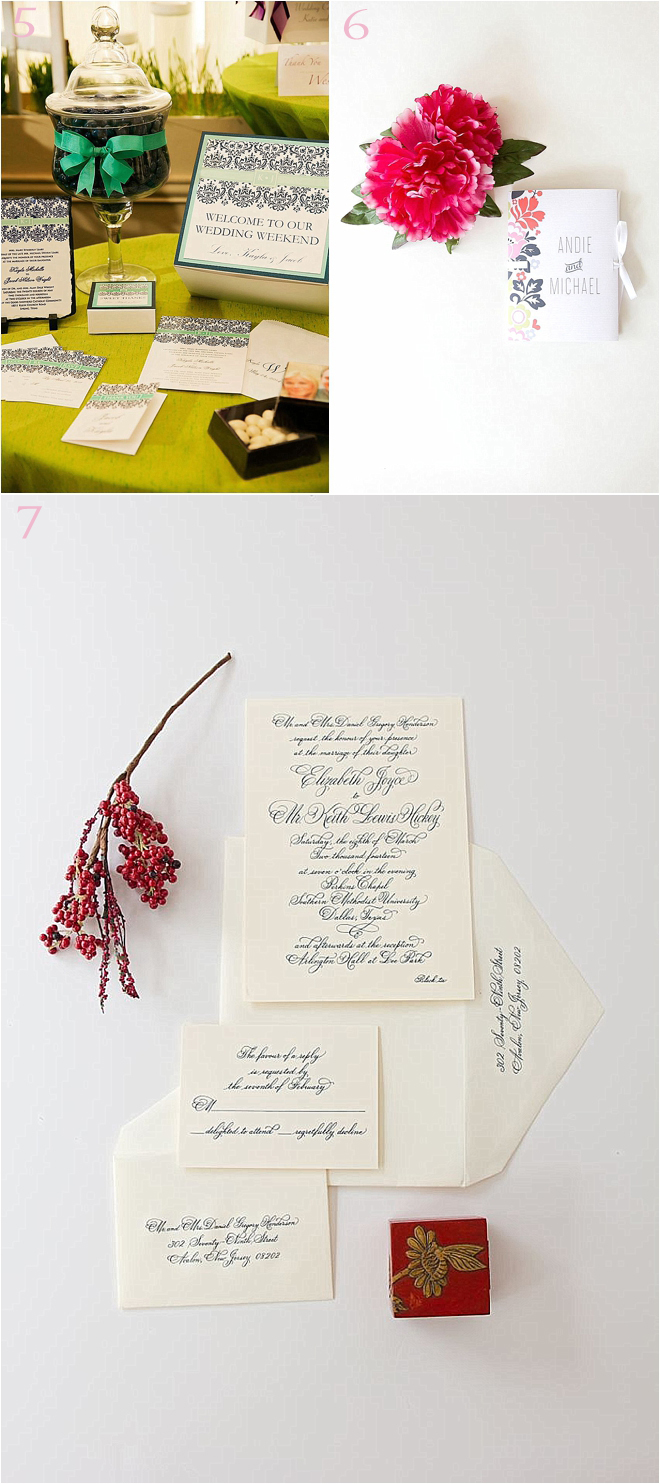 Various Wedding Invitation Sets in Green with Black, Multi-Colored and Plain White