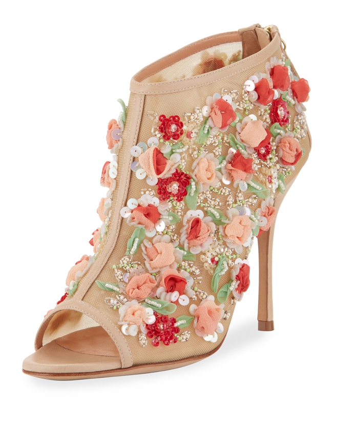 Manolo Blahnik-Clizia Mesh Floral Peep-Toe Bootie