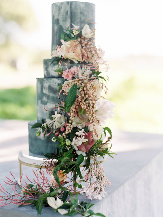 Blue Marbled Three-Tiered Cake with Floral Decor