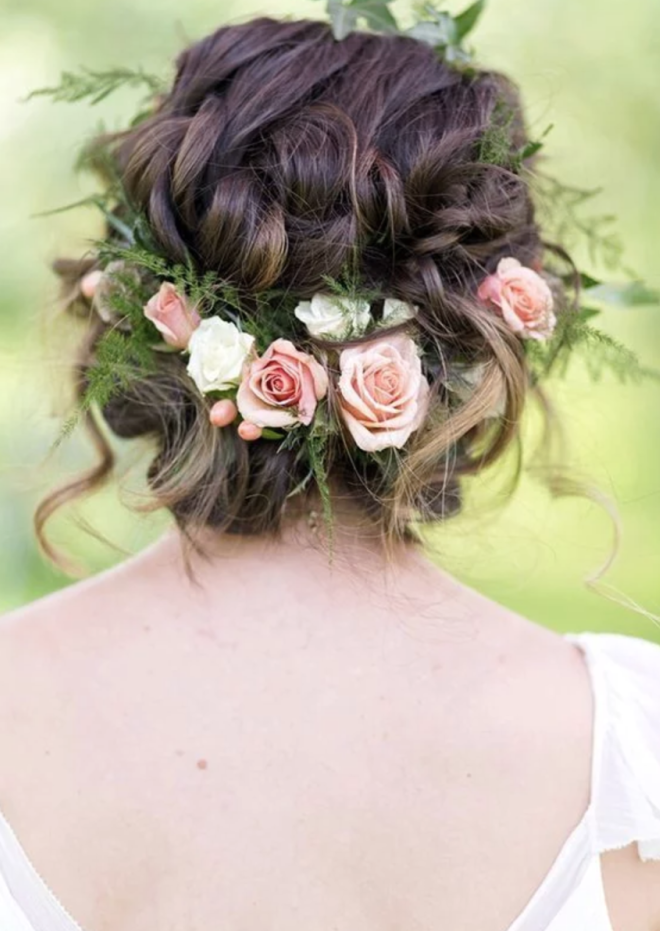 Flower Crown Curly Hair Tucked Updo