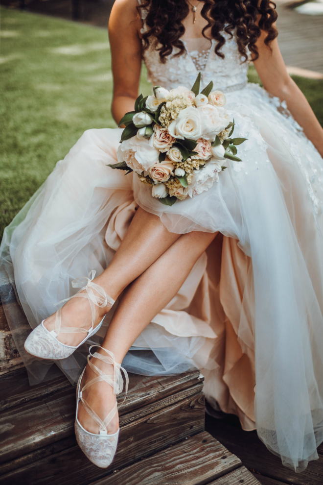 bridal bouquet, blush flowers, ballet flats