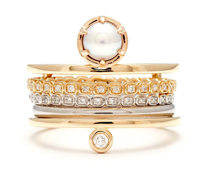 bridal jewelry, designer jewels, stacked rings, wedding bands, engagement rings, pearl, yellow gold, diamonds, stacks