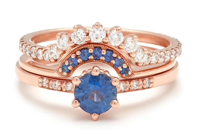 bridal jewelry, designer jewels, stacked rings, wedding bands, engagement rings, sapphire, stacks