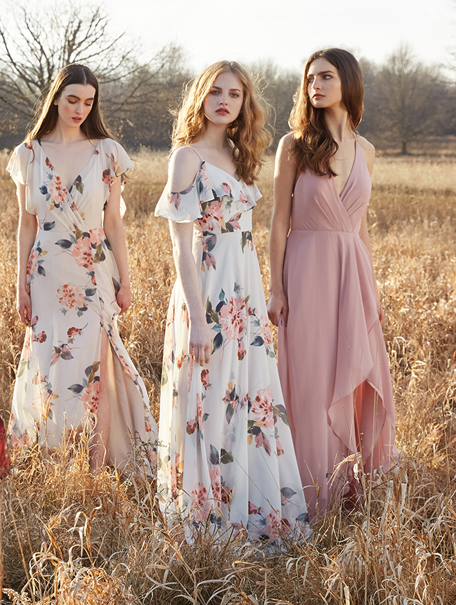 floral print bridesmaid dress long flutter sleeves pastel blush green white