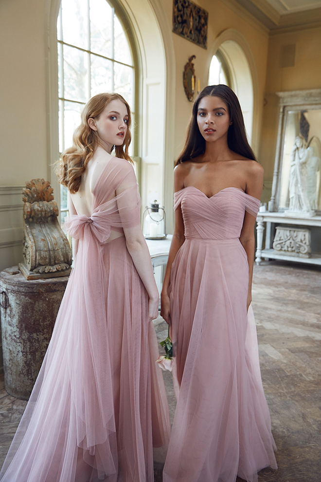 pink blush chiffon off shoulder bow bridesmaid dresses jenny yoo houston bella bridesmaids