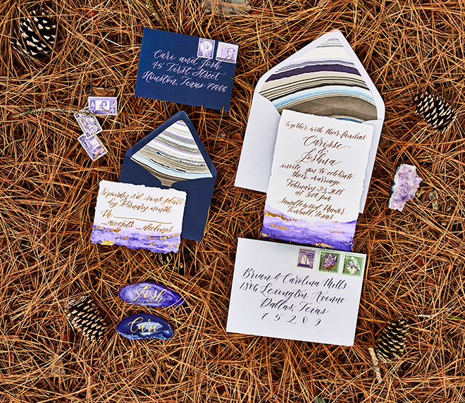 purple and gold wedding shoot invitations rustic elegant texas