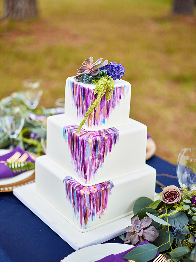 purple and gold styled wedding cake watercolor succulent rust outdoor reception texas