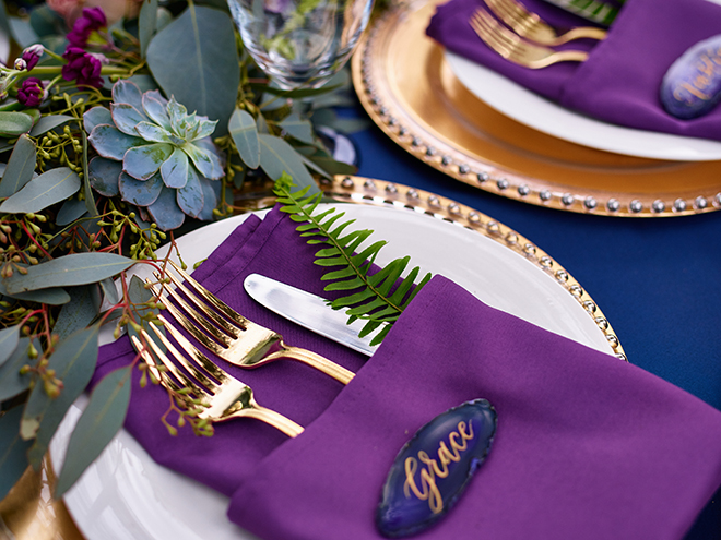 purple and gold styled wedding fern place setting gold cutlery sandlewood manor