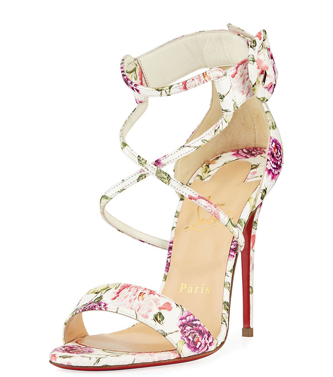 designer bridal heels floral print sandals spring summer wedding attire bridal fashion Christian Louboutin cross strap sandal red bottoms floral wedding shoes