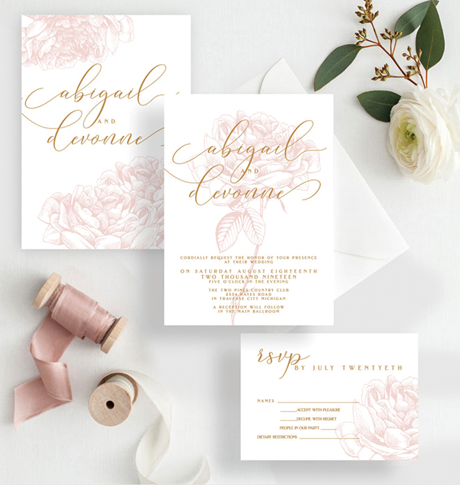 custom wedding invitations white blush and gold print wedding invitation suite