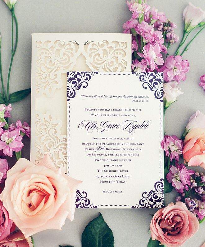 custom wedding invitations purple and cream laser-cut wedding invitations Isabella Invitations