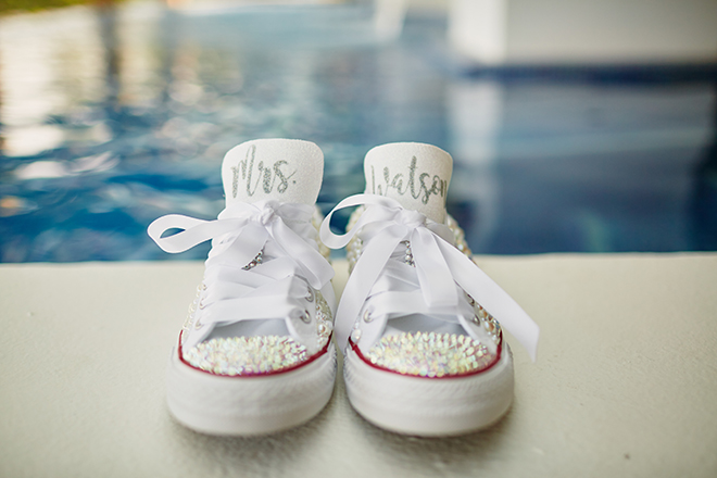 beach destination wedding, Mexico, Puerto Vallarta, summer wedding, bridal shoes, wedding tennis shoes, wedding shoes, bridal flats, bedazzled shoes, custom wedding shoes