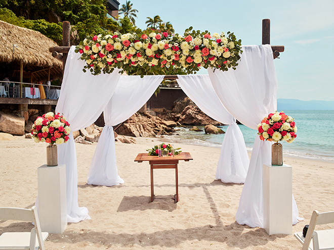 beach destination wedding, Mexico, Puerto Vallarta, summer wedding, wedding floral canopy, beach wedding ceremony, ceremony decor