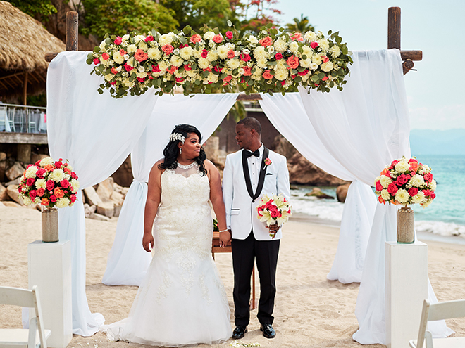 beach destination wedding, Mexico, Puerto Vallarta, summer wedding, beach wedding ceremony, floral canopy