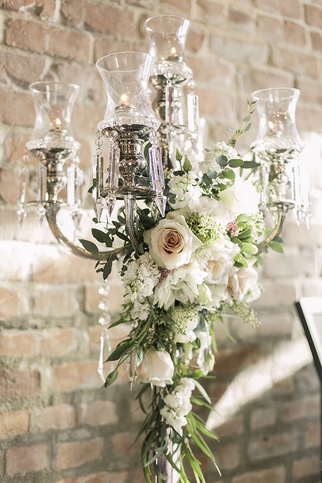 vintage haute flowers wedding pewter candelabra blush roses greenery butler's courtyard