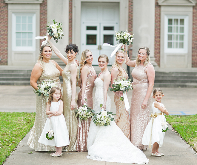 california texas wedding, bridal party, bridesmaids, flower girls, wedding photography, rose gold and gold dresses