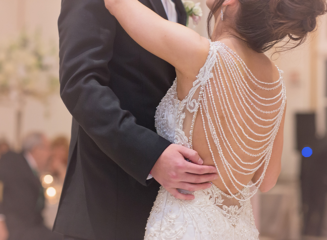 houston wedding, bride and groom, first dance, wedding dress back detail, chateau cocomar, wedding photography, luxe chateau cocomar wedding