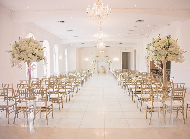 houston wedding, chateau cocomar, white and gold ceremony decor, gold chiavari chairs, wedding ceremony setup, luxe chateau cocomar wedding