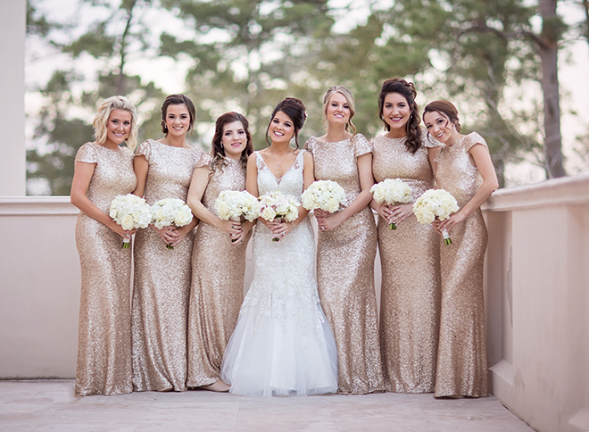 houston wedding, bridal party, bridesmaids, gold sequin bridesmaids dresses, white mermaid wedding dress, luxe chateau cocomar wedding