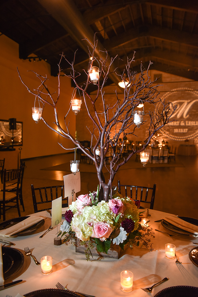 rustic autumn wedding, briscoe manor, kiss and makeup houston, indoor reception, table centerpiece decor, candle lit dinner, pink roses