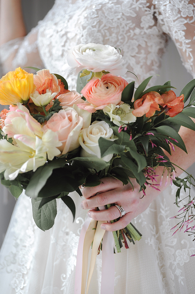 royal wedding inspired shoot, chateau cocomar, jessica frey photography, spring florals, regal wedding decor, white lace wedding gown, wedding tiara, wedding bouquet, coral, blush