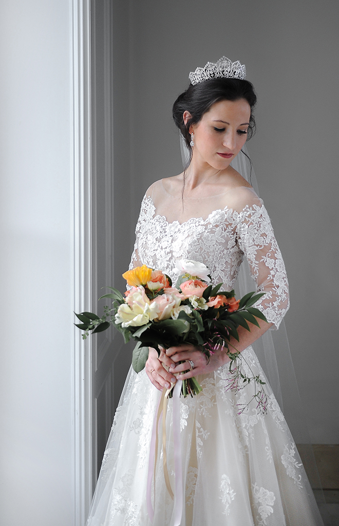 royal wedding inspired shoot, chateau cocomar, jessica frey photography, spring florals, regal wedding decor, white lace wedding gown, wedding tiara, wedding bouquet