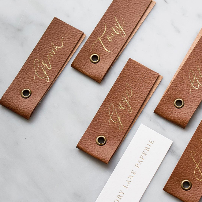 Memory Lane Paperie embossed pebbled leather boutonniere tags brown gold