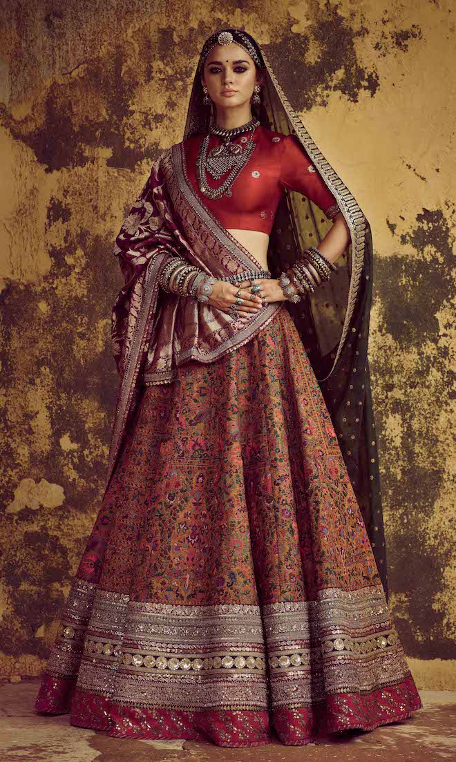 red gold pashmina lehenga sabyasachi 2020 indian wedding style 