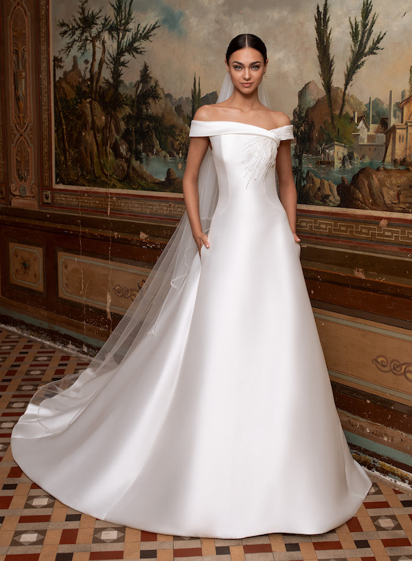 pronovias regal off-the-shoulder wedding gown