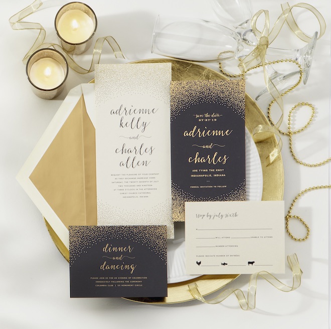 wedding, stationery, signage, invitations, gold, black, bering's, new years