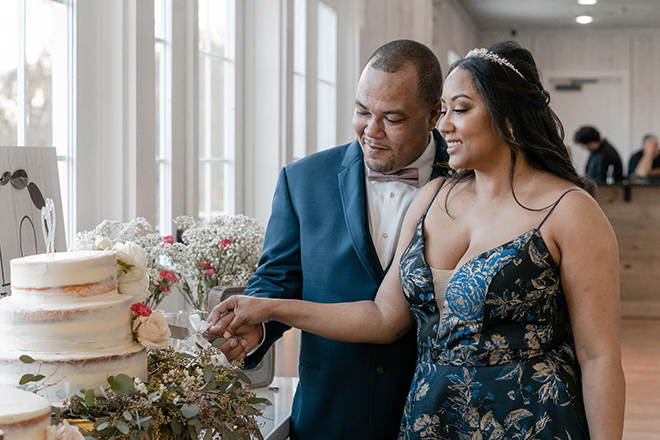 dusty rose, navy, blue, diy wedding, wedding photography, j. ernest media, wedding cake, diy, cutting the cake