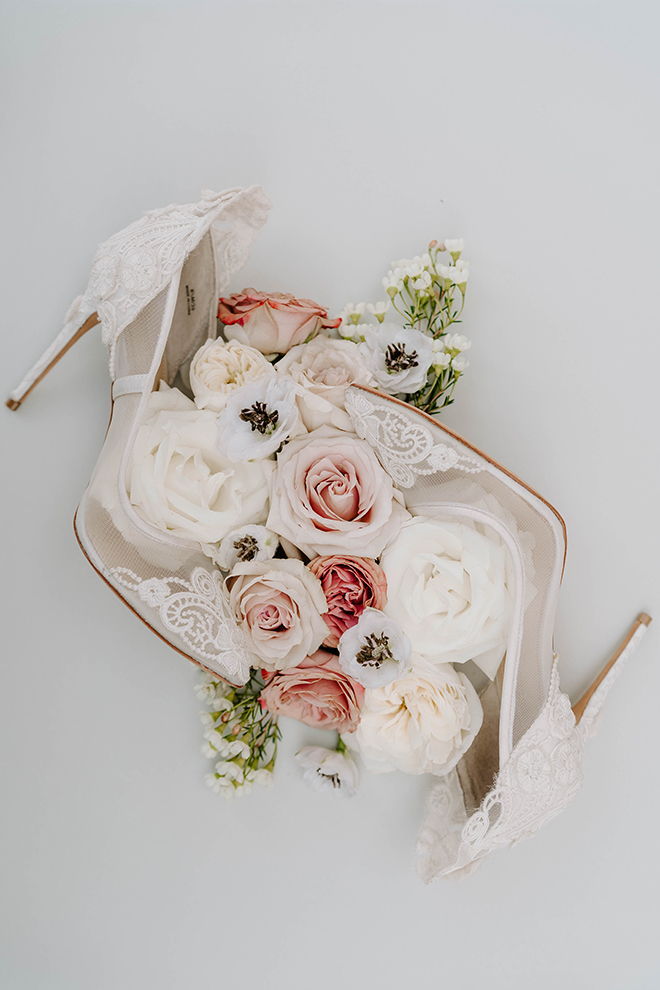 shoes, bridal shoes, flatlay, pink flowers, white heels, houston, wedding photographer, elegant, boho chic, farmhouse