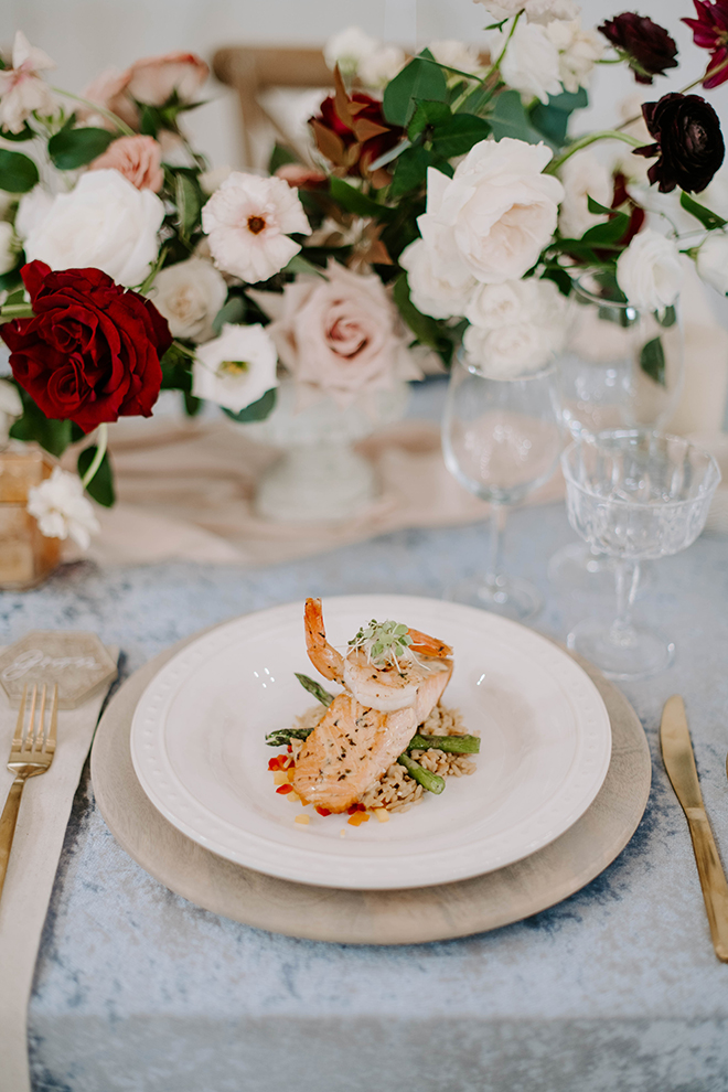 houston catering, wedding food, plate decor, table decor, place setting, salmon, wedding, photographers in texas, luxe styled shoot