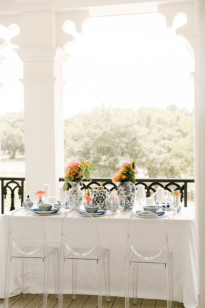 Chinoiserie themed, styled shoot, houston, wedding photography, amy maddox, photography, orange, pink, red, acrylic, ghost chairs, ming, vases, table setting, wedding decor 