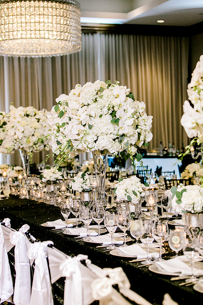 modern wedding, reception decor, hotel wedding venue, houston, hotel zaza, memorial city, black, white, metallics, plants n petals