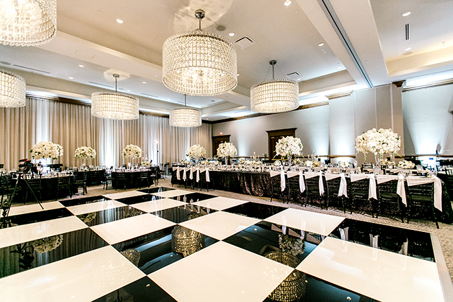 modern wedding, reception decor, hotel wedding venue, houston, hotel zaza, memorial city, black, white, metallics, plants n petals, dance floor