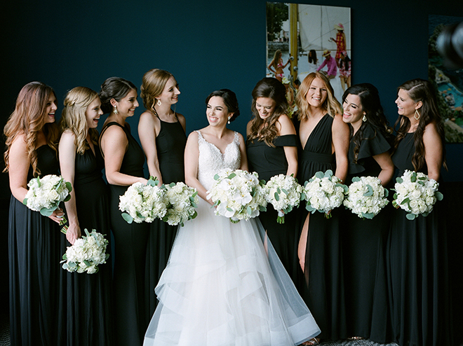 wedding photography, bridesmaids, black bridesmaids dresses, wedding bouquets, white, plants n petals